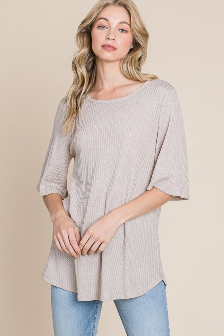BOMBOM Round Neck Waffle Knit T-Shirt - Top