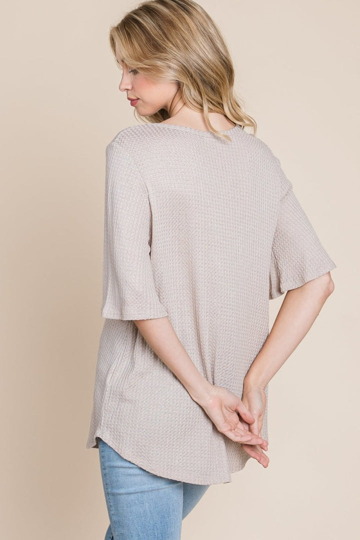 BOMBOM Round Neck Waffle Knit T-Shirt - Top