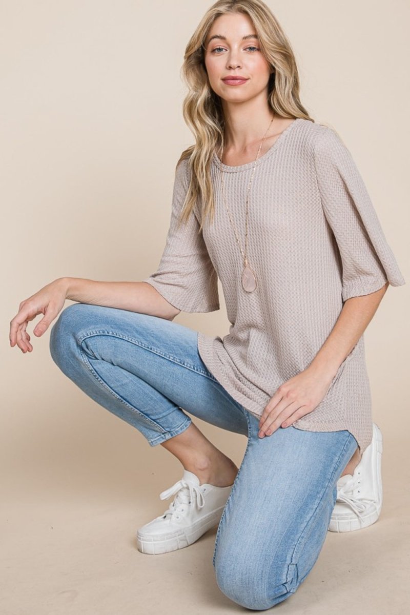 BOMBOM Round Neck Waffle Knit T-Shirt - Top
