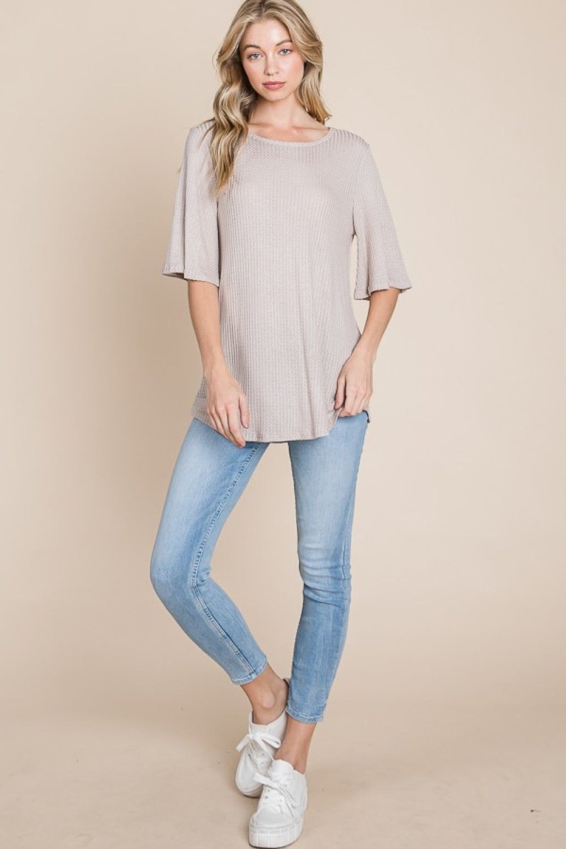 BOMBOM Round Neck Waffle Knit T-Shirt - Top