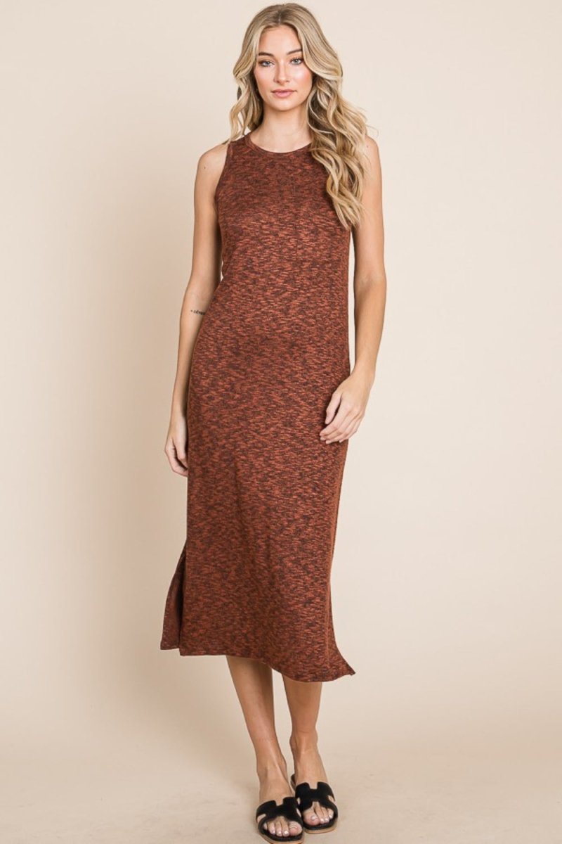 BOMBOM Slit Round Neck Sleeveless Midi Dress - Casual Dress