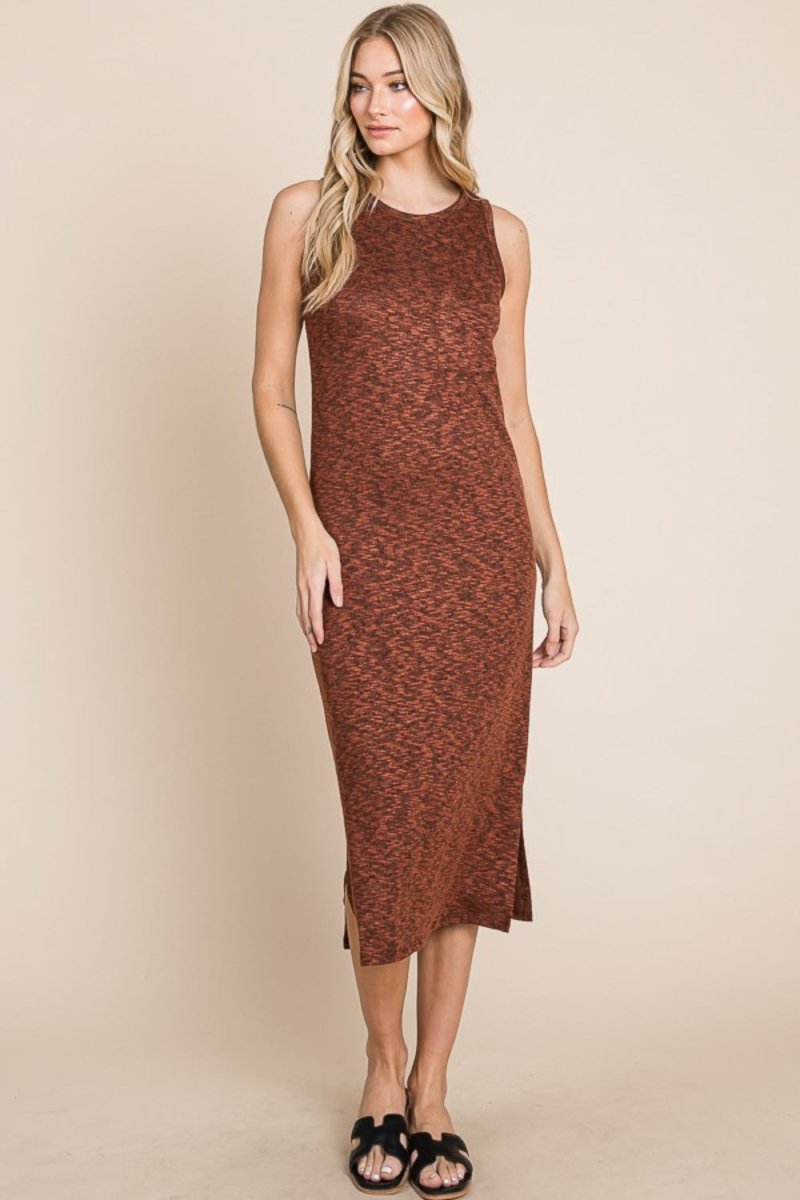 BOMBOM Slit Round Neck Sleeveless Midi Dress - Casual Dress