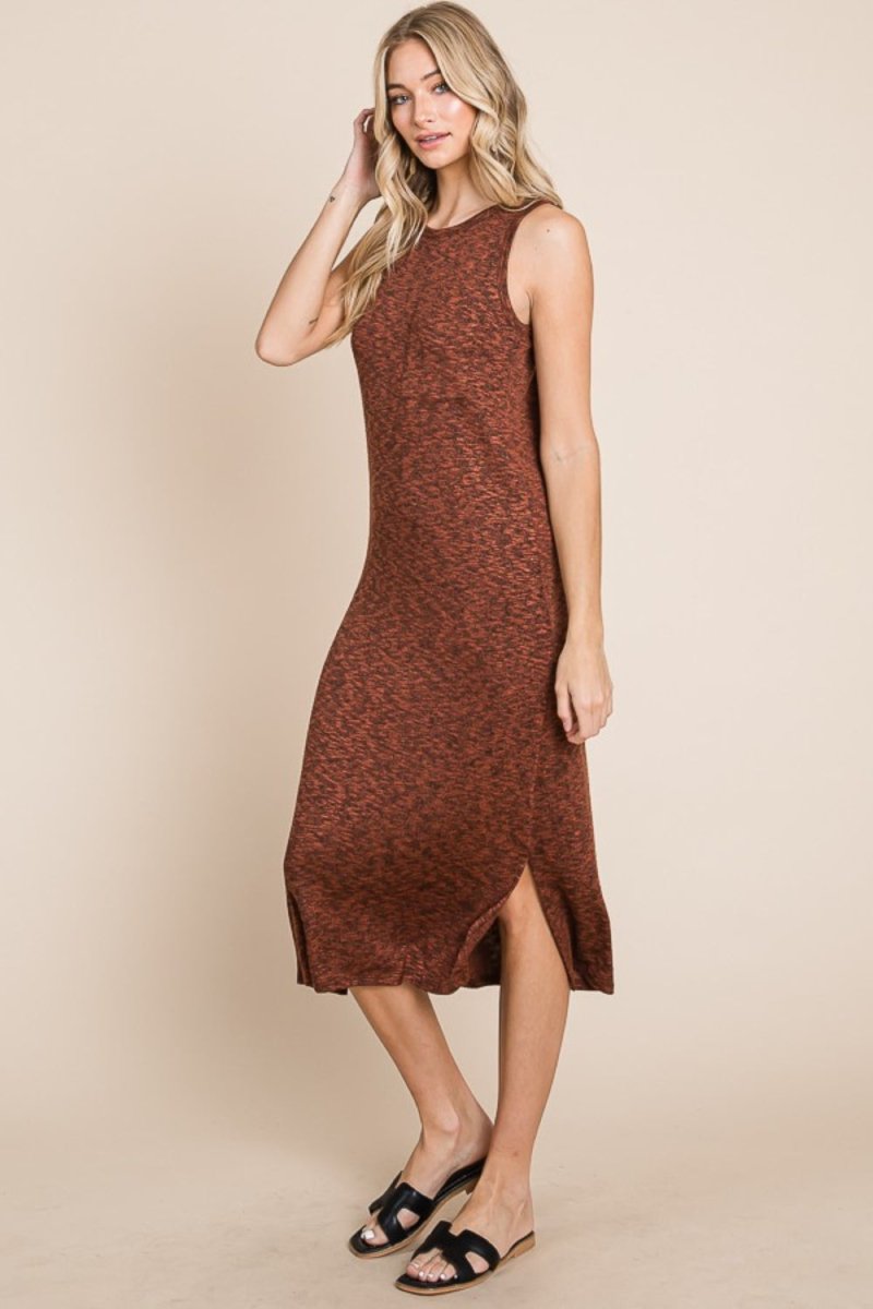 BOMBOM Slit Round Neck Sleeveless Midi Dress - Casual Dress