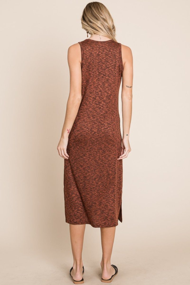BOMBOM Slit Round Neck Sleeveless Midi Dress - Casual Dress