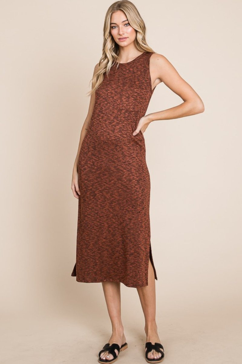 BOMBOM Slit Round Neck Sleeveless Midi Dress - Casual Dress
