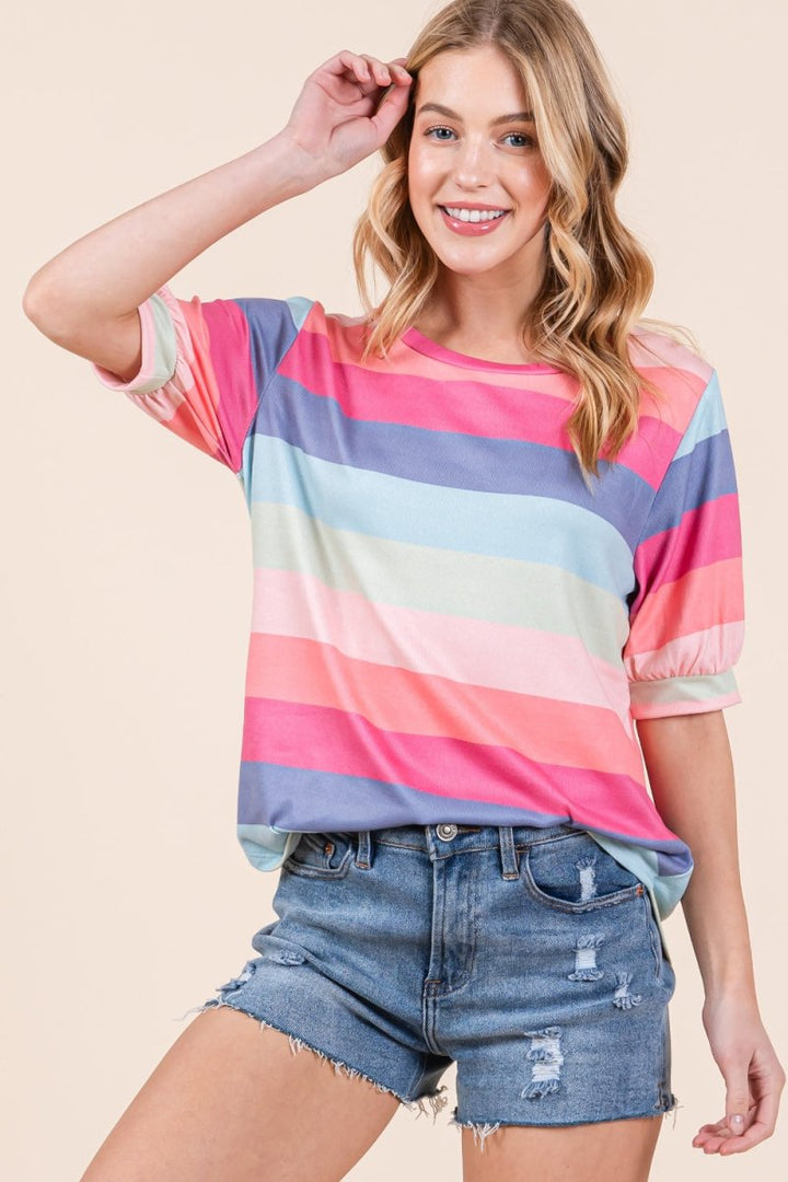 BOMBOM Striped Round Neck Half Sleeve T-Shirt - Top