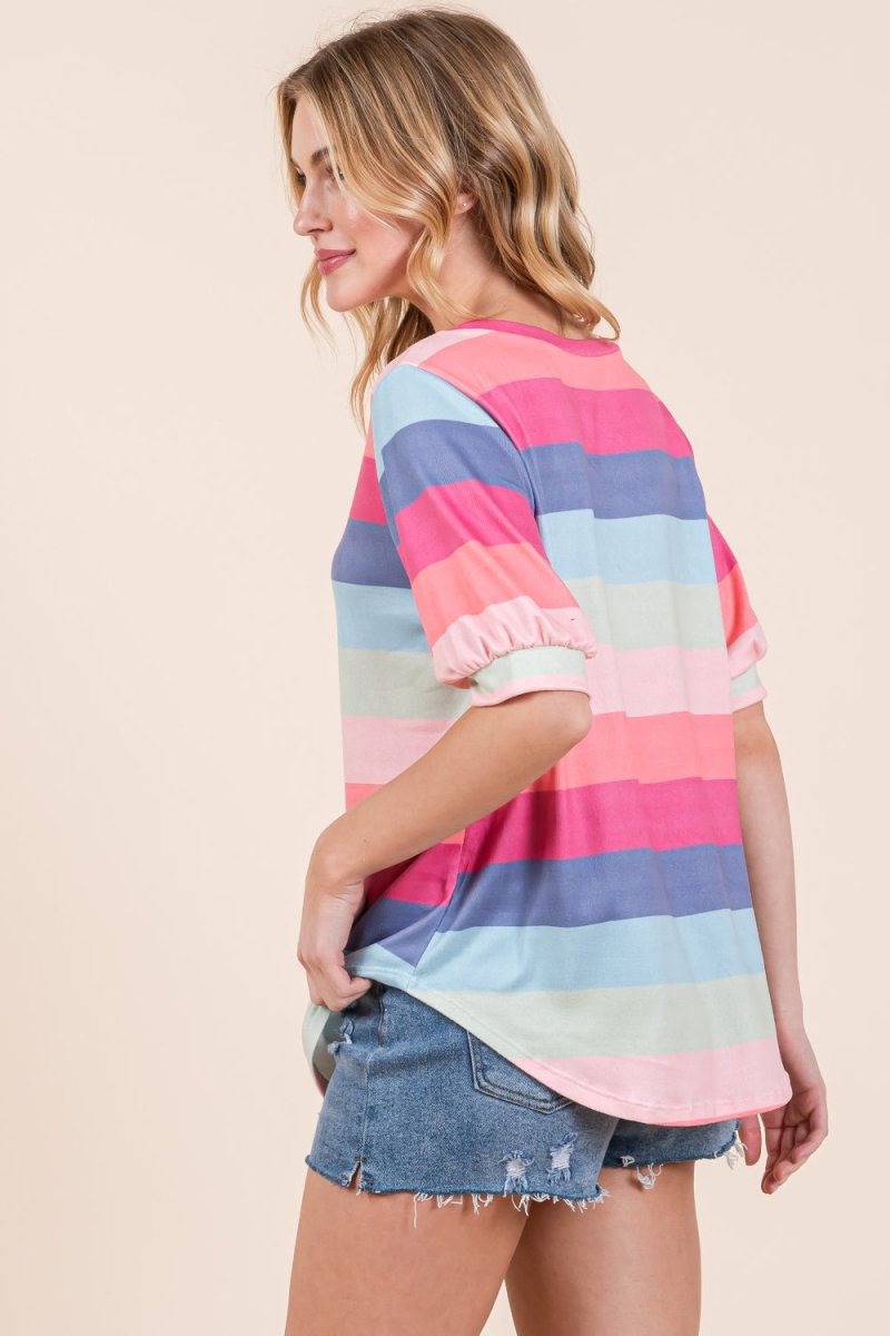 BOMBOM Striped Round Neck Half Sleeve T-Shirt - Top