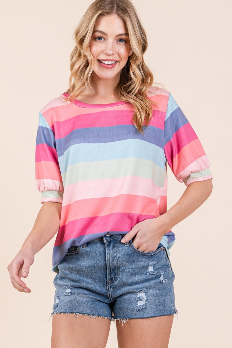 BOMBOM Striped Round Neck Half Sleeve T-Shirt - Top