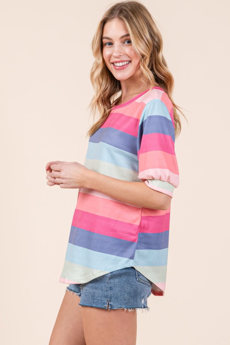 BOMBOM Striped Round Neck Half Sleeve T-Shirt - Top