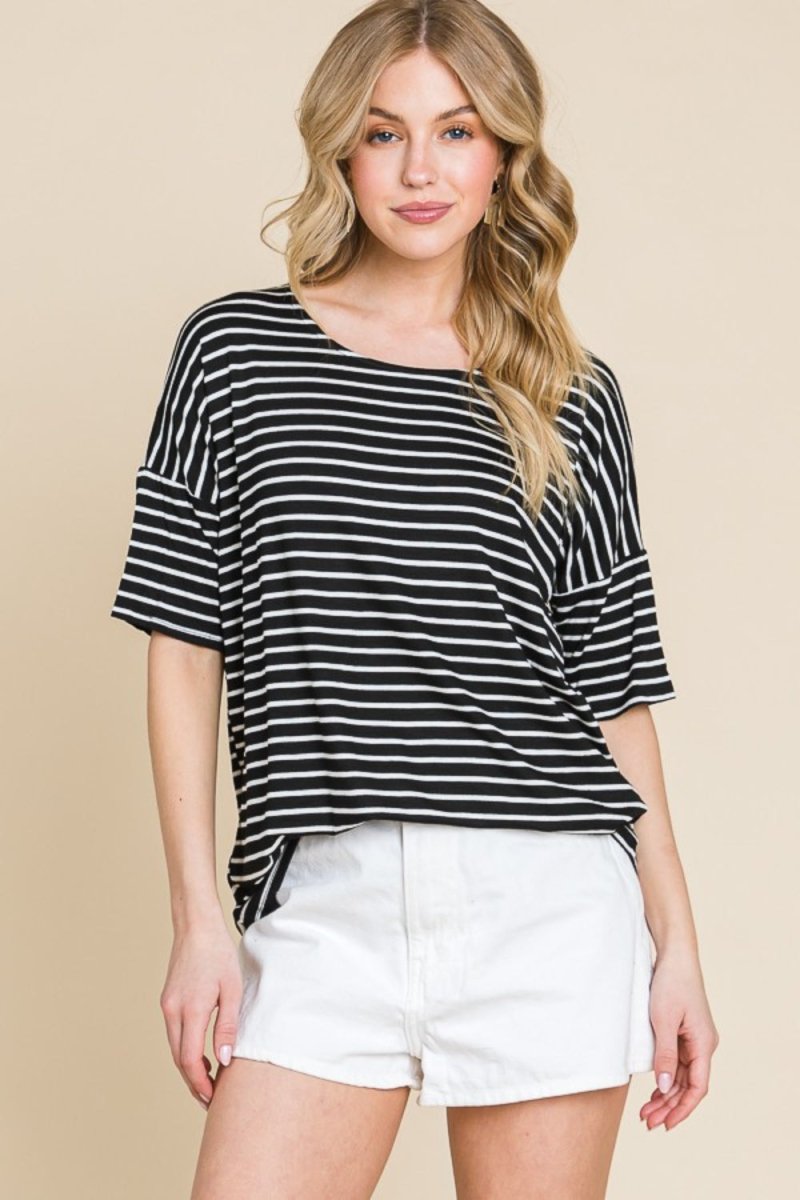 BOMBOM Striped Round Neck T-Shirt - Top
