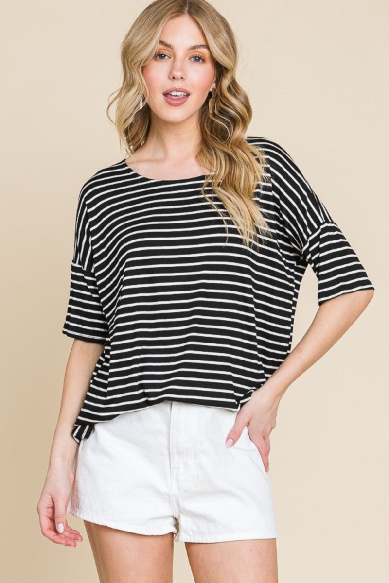 BOMBOM Striped Round Neck T-Shirt - Top