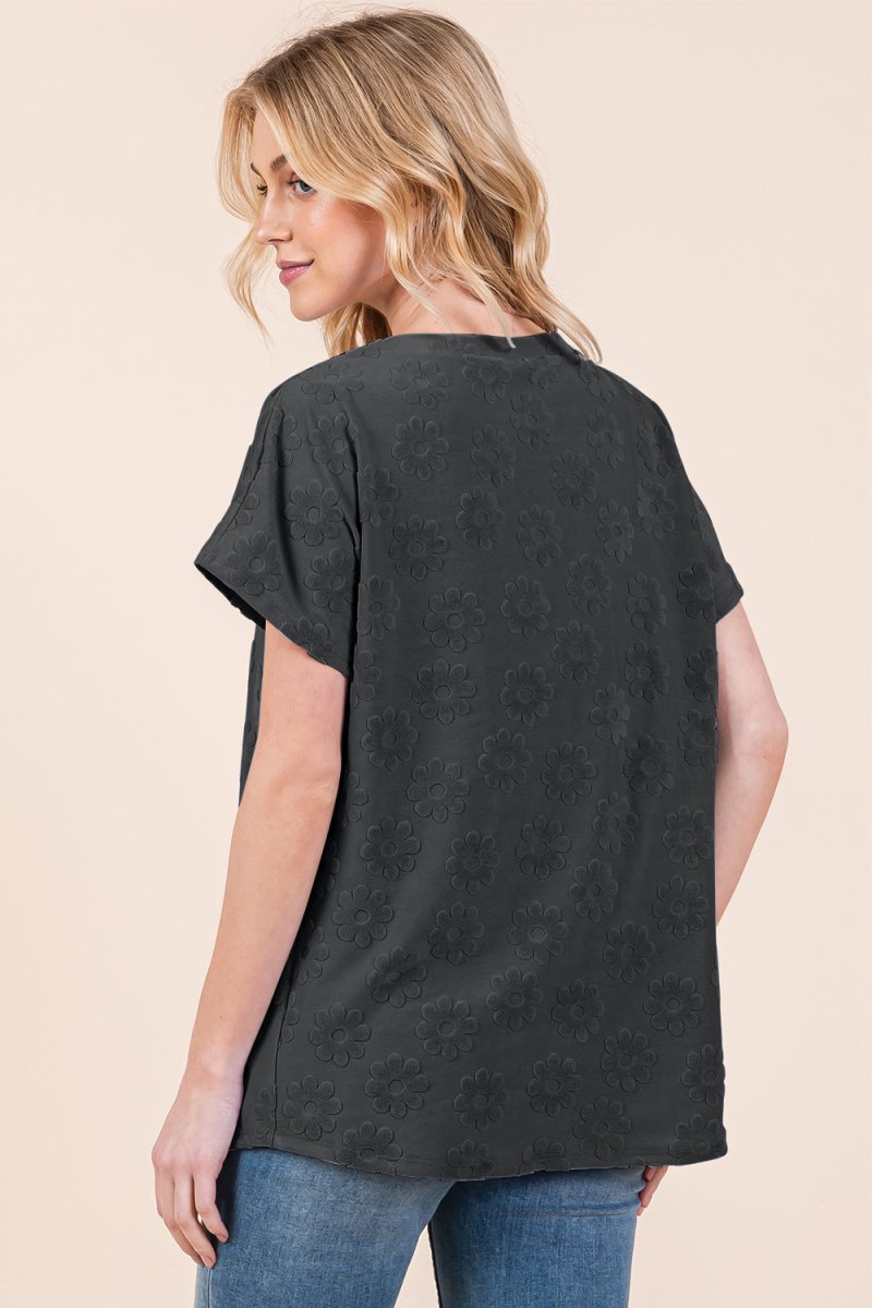 BOMBOM Textured Floral Pattern Short Sleeve T-Shirt - Top