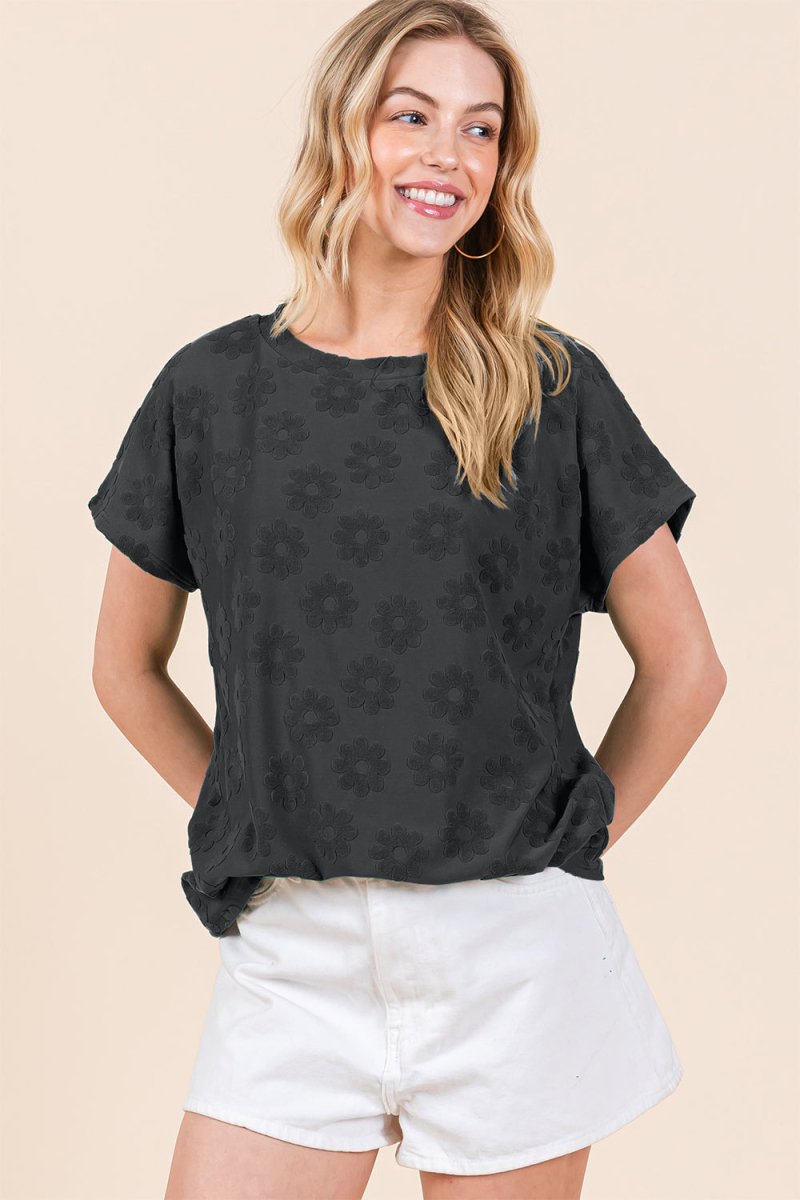 BOMBOM Textured Floral Pattern Short Sleeve T-Shirt - Top