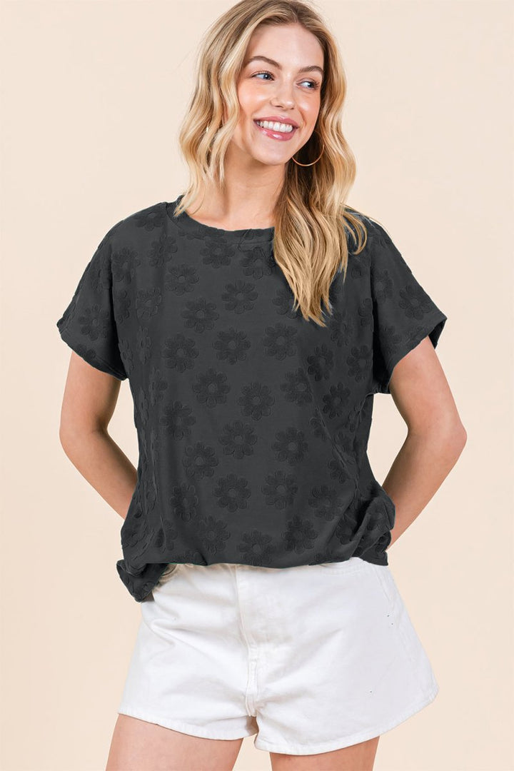 BOMBOM Textured Floral Pattern Short Sleeve T-Shirt - Top