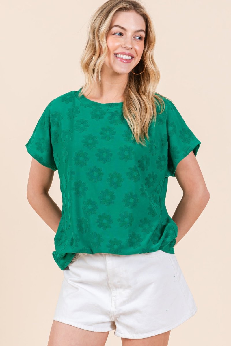 BOMBOM Textured Floral Pattern Short Sleeve T-Shirt - Top