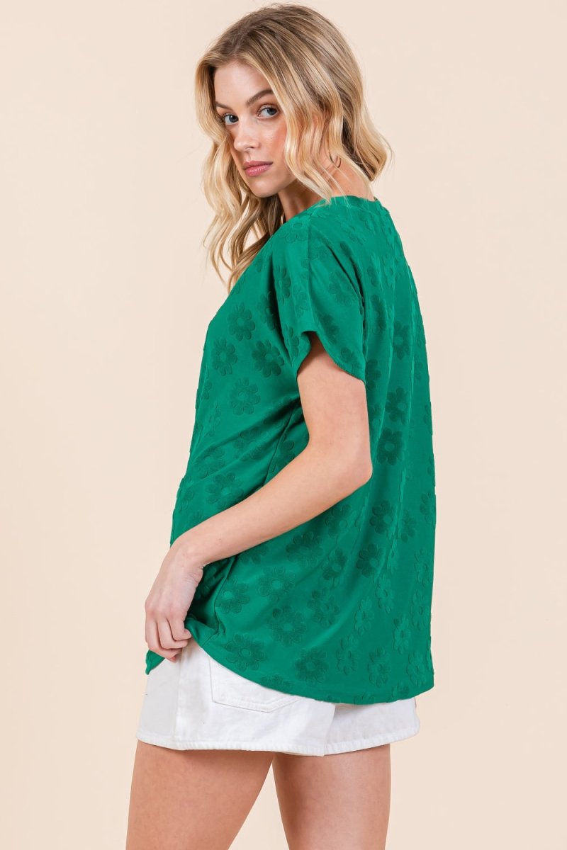 BOMBOM Textured Floral Pattern Short Sleeve T-Shirt - Top
