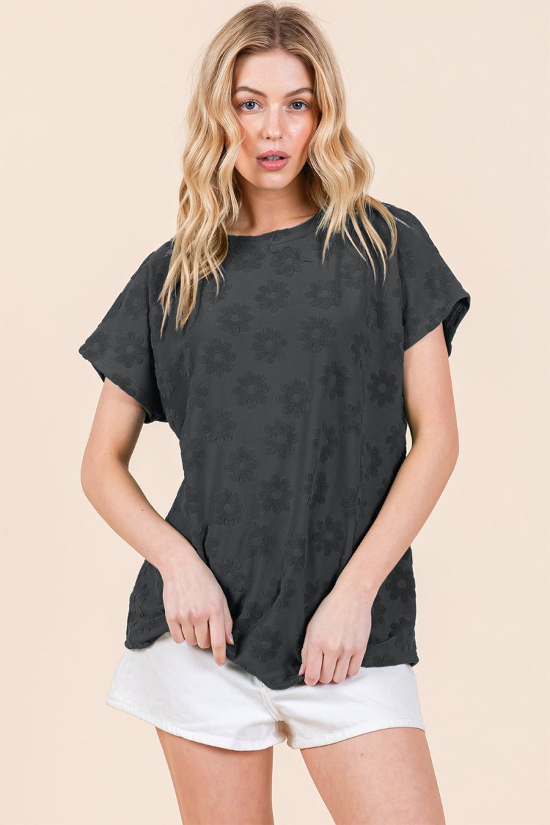 BOMBOM Textured Floral Pattern Short Sleeve T-Shirt - Top