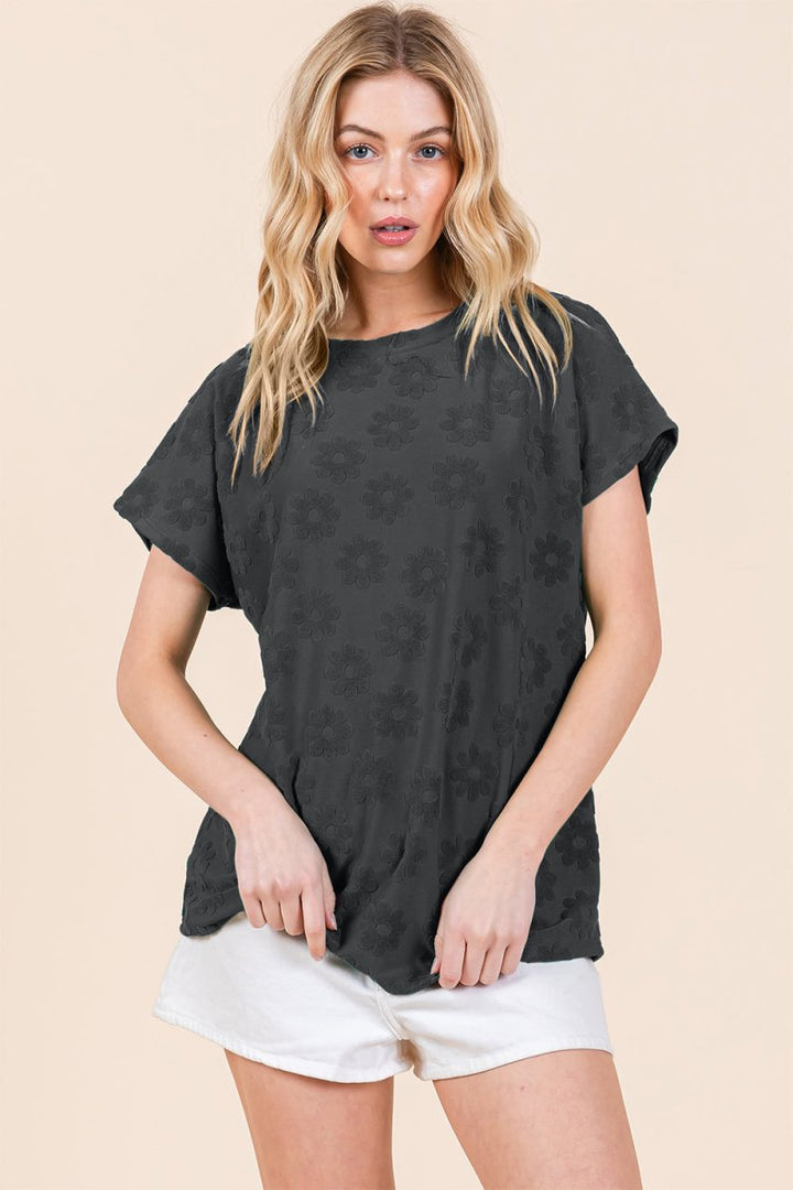 BOMBOM Textured Floral Pattern Short Sleeve T-Shirt - Top