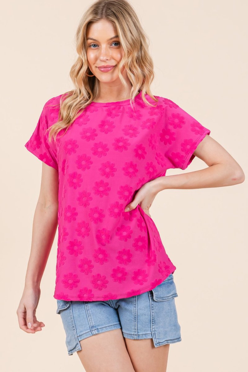BOMBOM Textured Floral Pattern Short Sleeve T-Shirt - Top