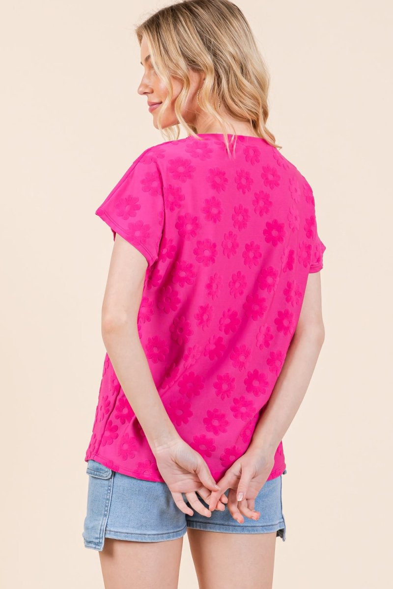 BOMBOM Textured Floral Pattern Short Sleeve T-Shirt - Top