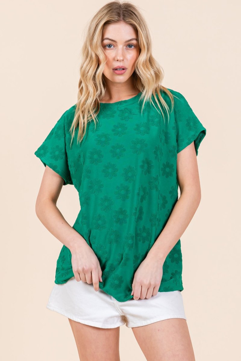 BOMBOM Textured Floral Pattern Short Sleeve T-Shirt - Top