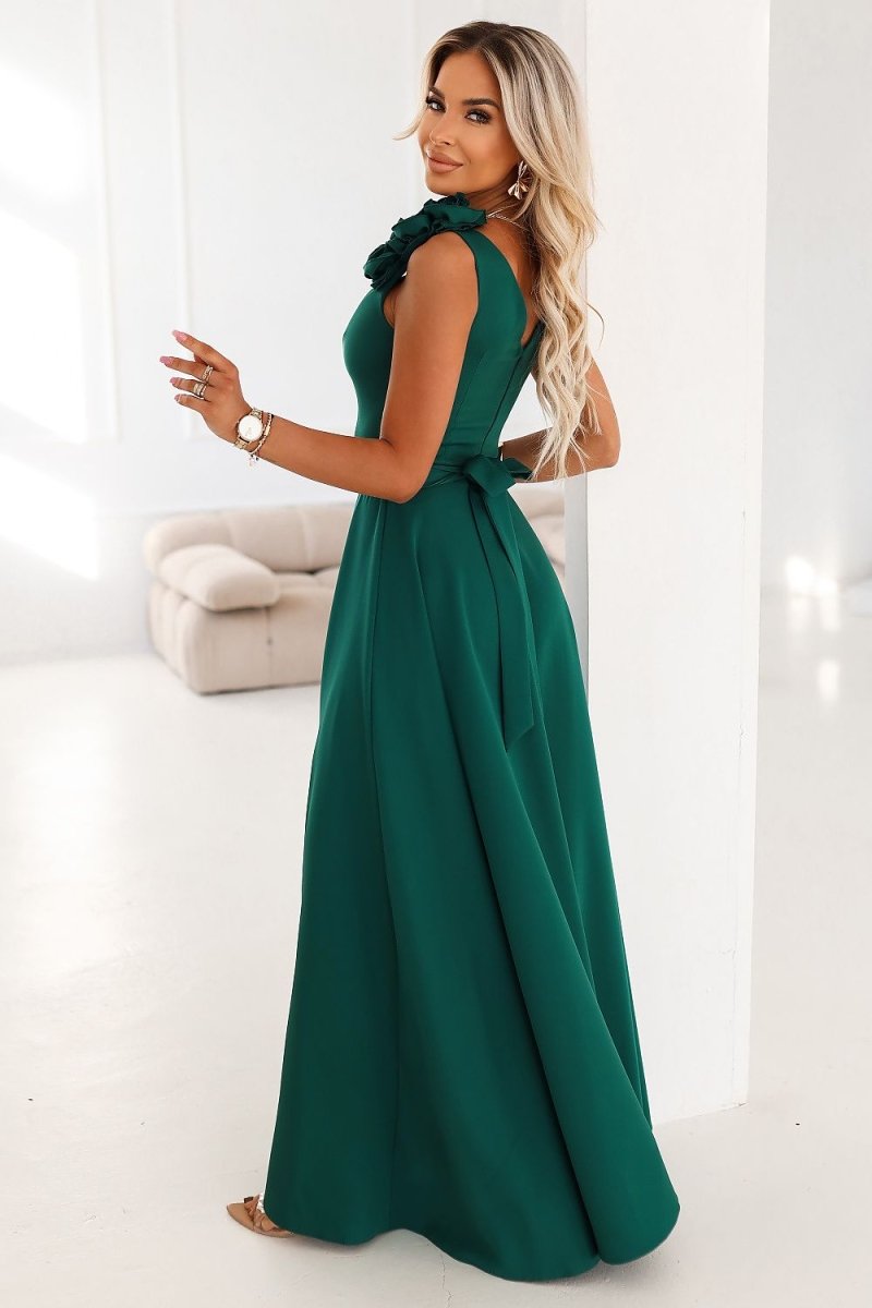 Bottle Green V - Neck Maxi Dress with Rose Detail - 