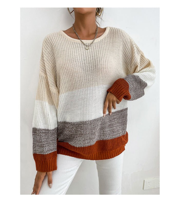 Bottoming Pullover Crew Neck Contrast Knit Sweater - Outerwear