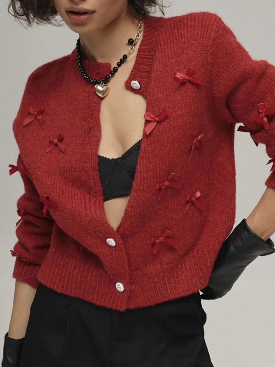 Bow Button Up Long Sleeve Cardigan - 