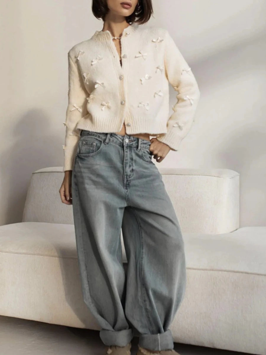Bow Button Up Long Sleeve Cardigan - 