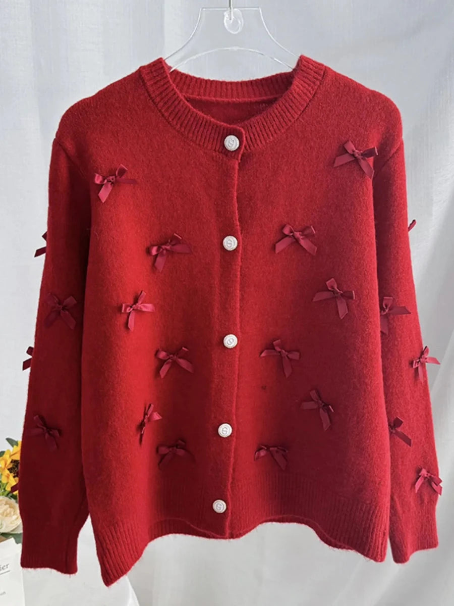 Bow Button Up Long Sleeve Cardigan - 