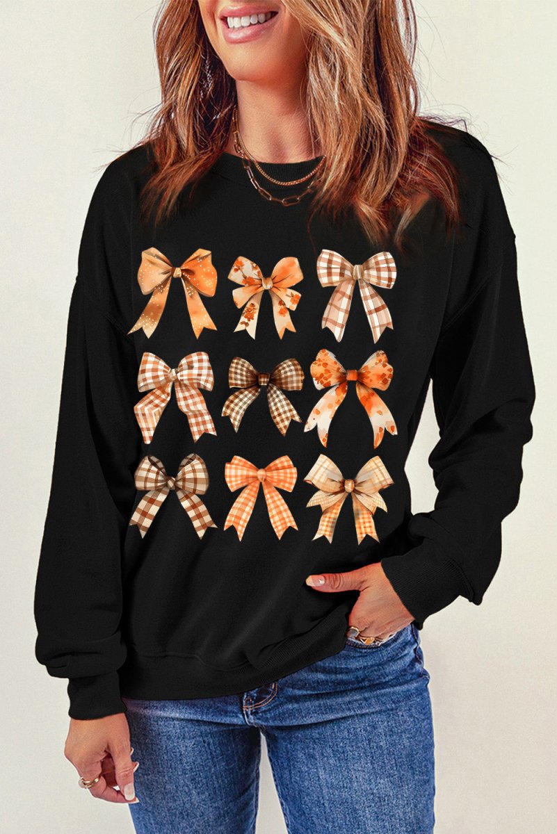 Bow Graphic Round Neck Long Sleeve Sweatshirt - Outerwear