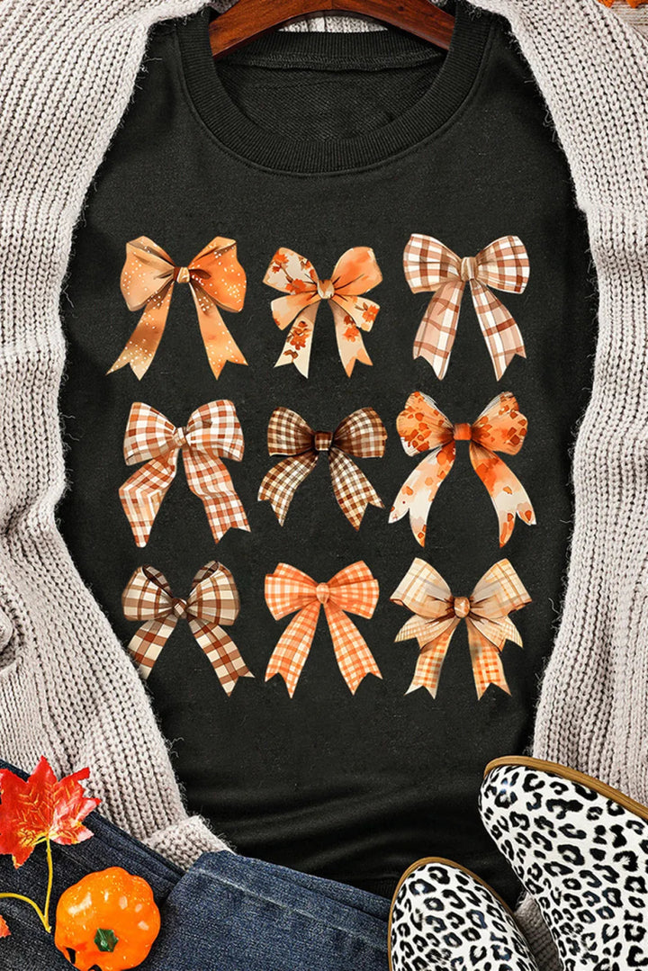 Bow Graphic Round Neck Long Sleeve Sweatshirt - Outerwear