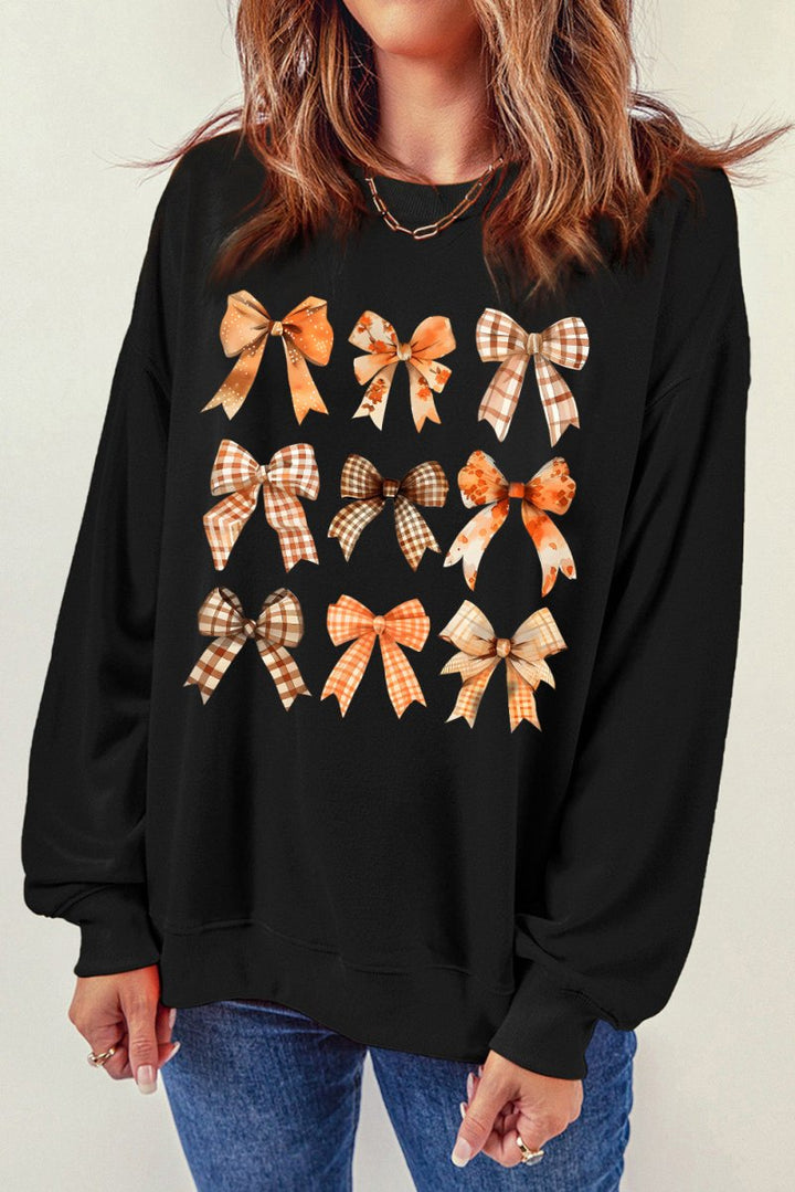 Bow Graphic Round Neck Long Sleeve Sweatshirt - Outerwear