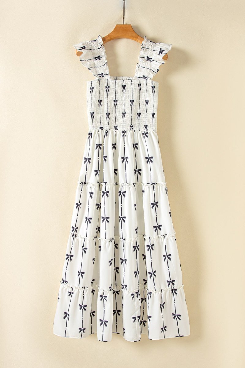 Bow Print Smocked Square Neck Ruffle Tiered Maxi Dress - New Arrivals