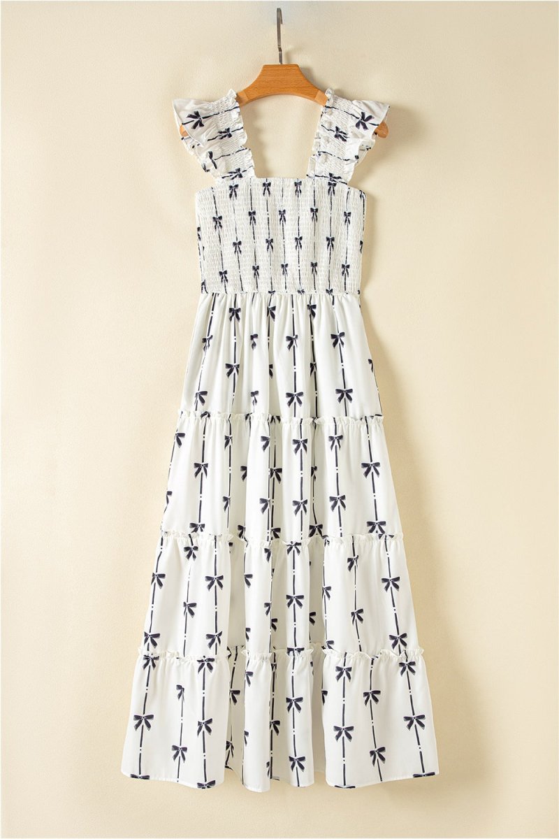 Bow Print Smocked Square Neck Ruffle Tiered Maxi Dress - New Arrivals