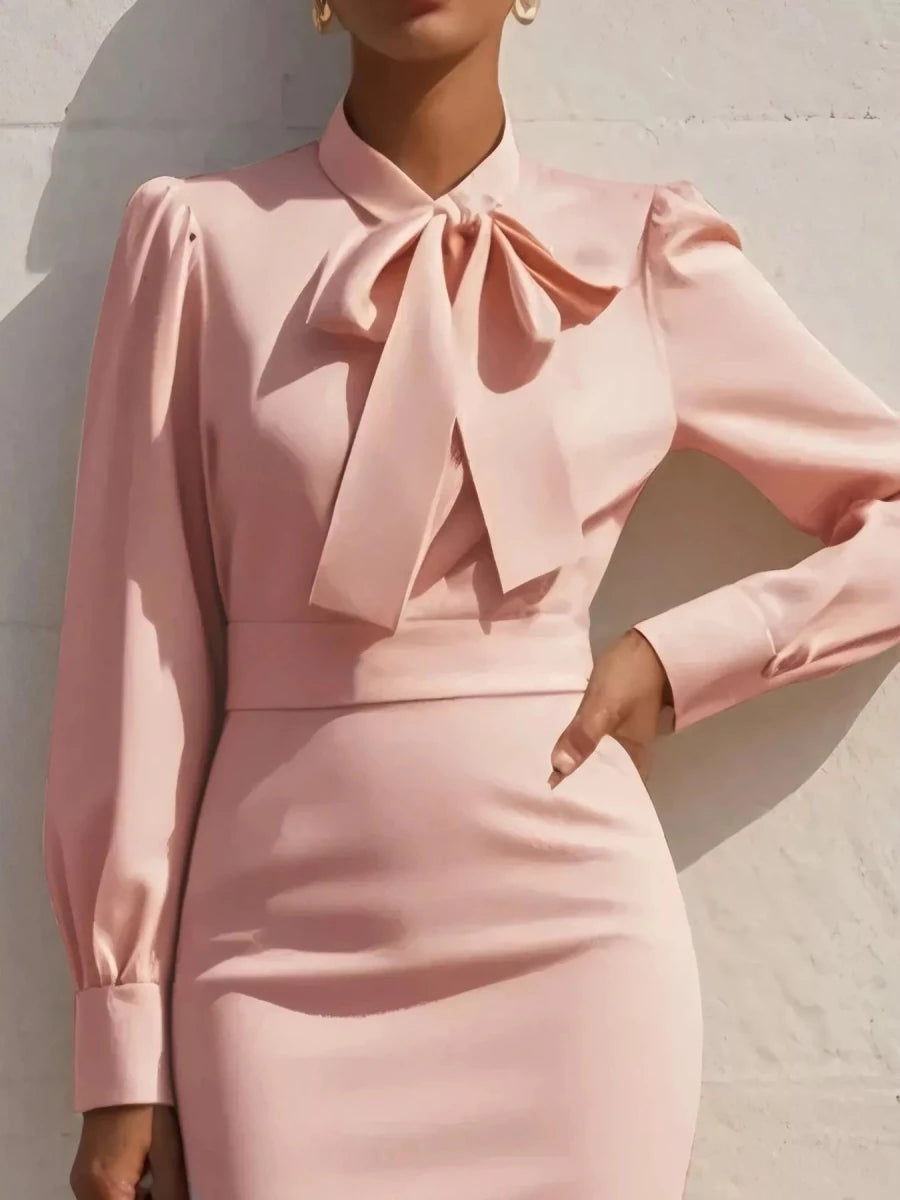 Bow Tie Neck Long Sleeve Bodycon Dress - 