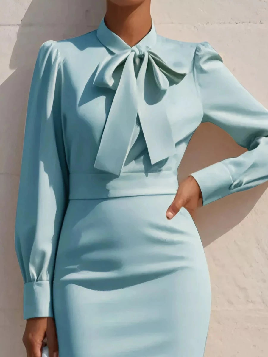 Bow Tie Neck Long Sleeve Bodycon Dress - 