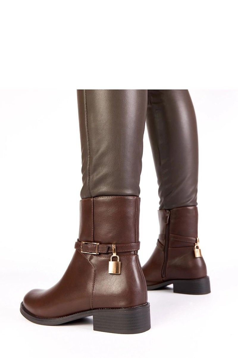 Brown Ankle Boots with Buckle and Padlock - 
