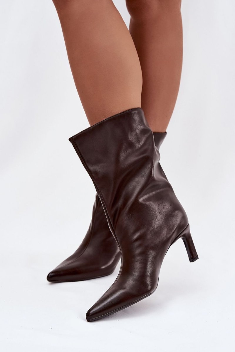 Brown Block Heel Boots with Pointed Toe - 