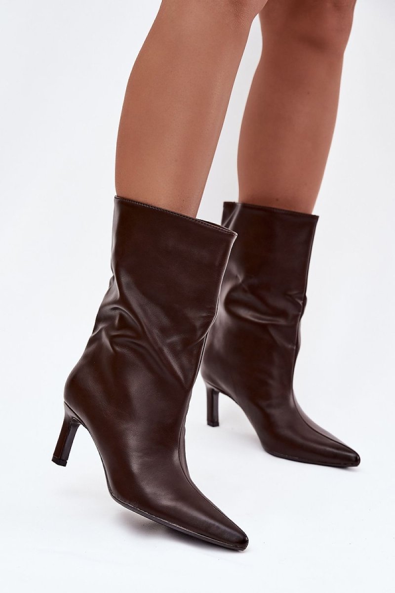 Brown Block Heel Boots with Pointed Toe - 