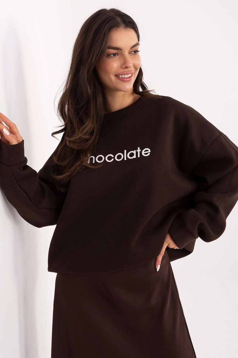 Brown Cotton Spandex Sweatshirt with Embroidery - 
