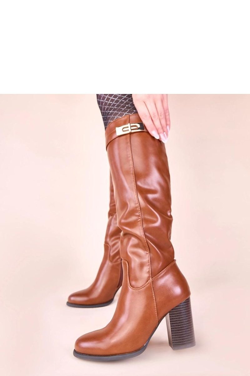 Brown Heeled Boots with Gold Ornament - 
