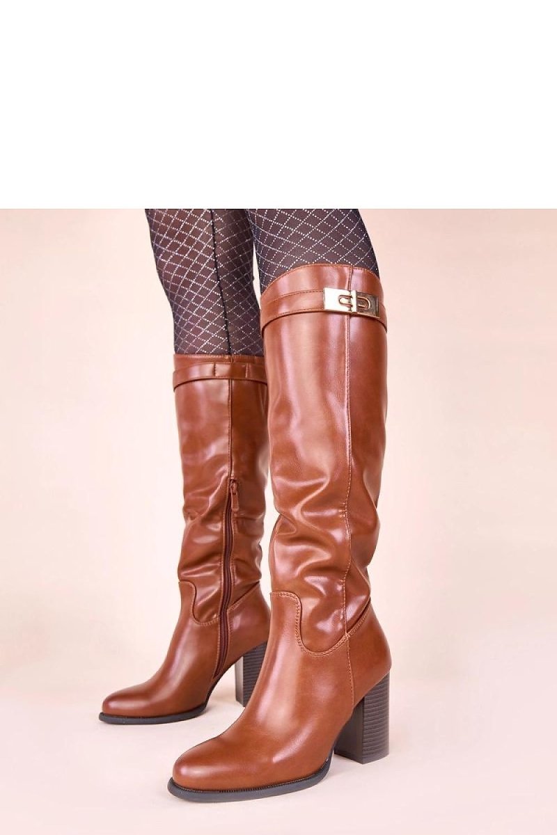 Brown Heeled Boots with Gold Ornament - 