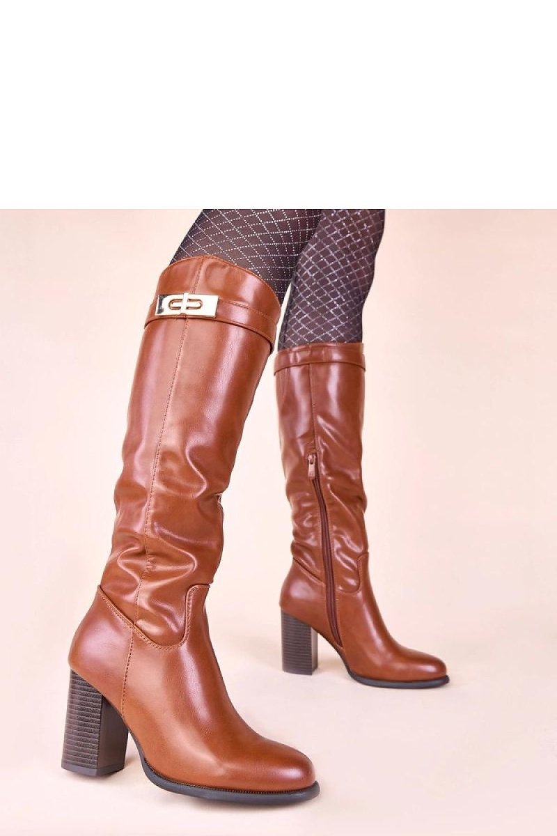 Brown Heeled Boots with Gold Ornament - 