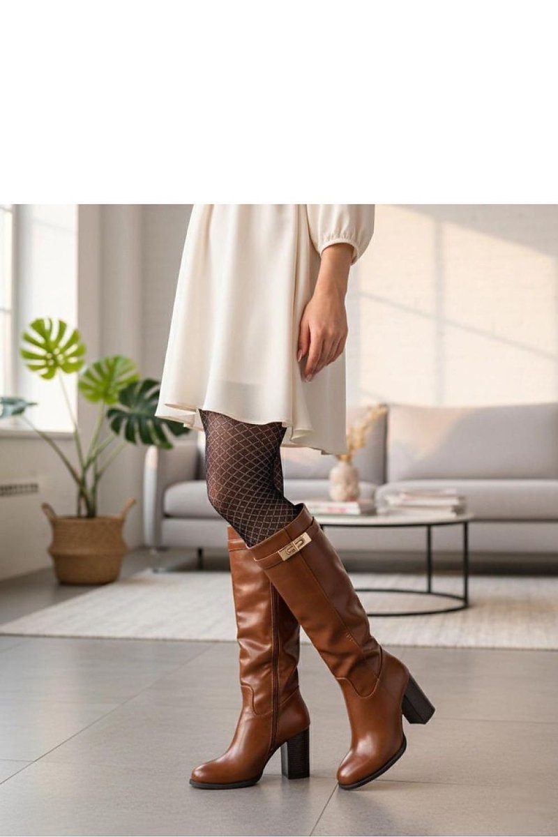 Brown Heeled Boots with Gold Ornament - 