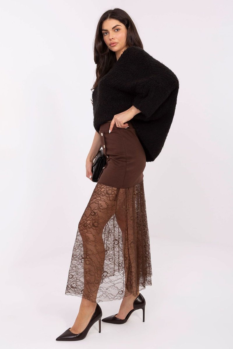 Brown Lace Insert Midi Skirt - 