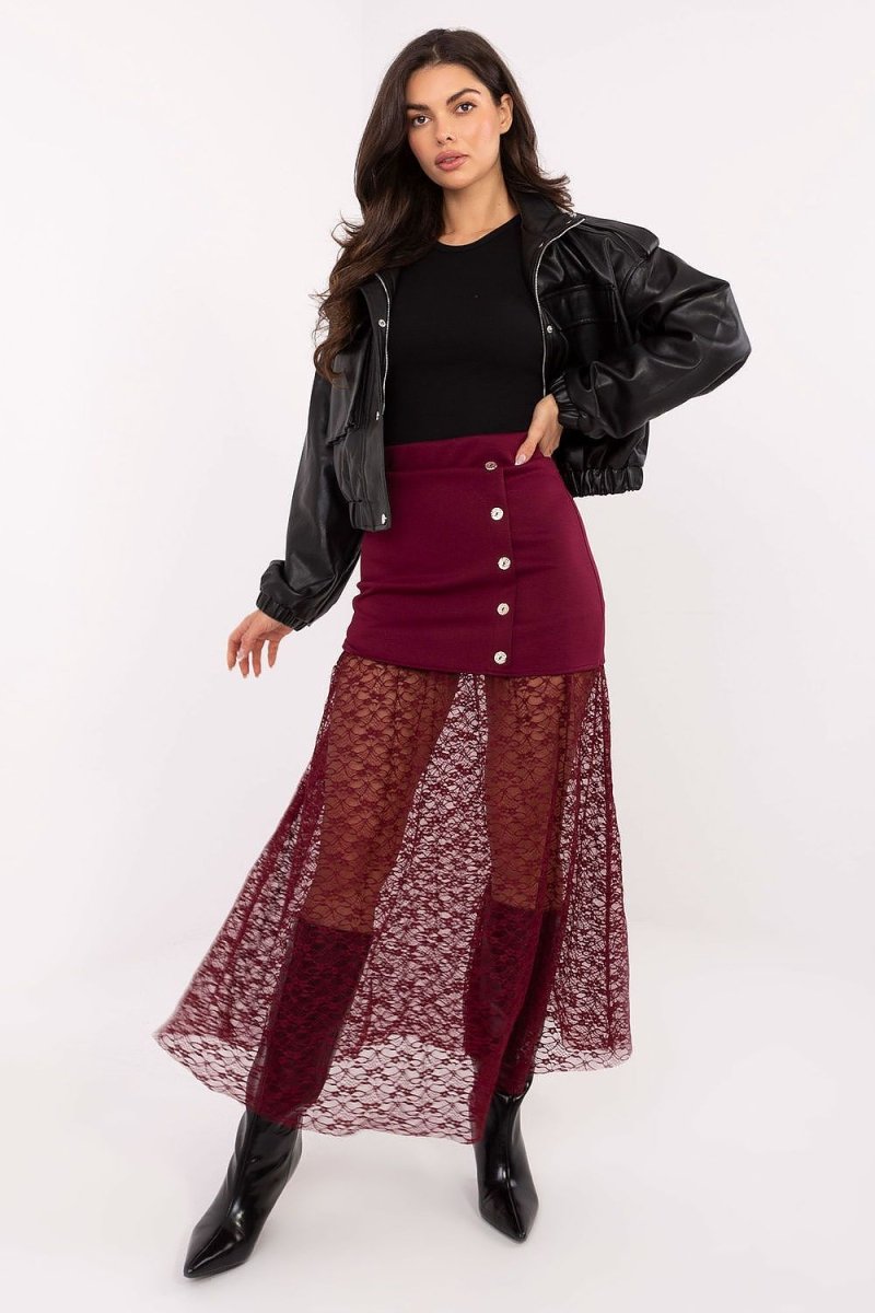 Brown Lace Insert Midi Skirt - 
