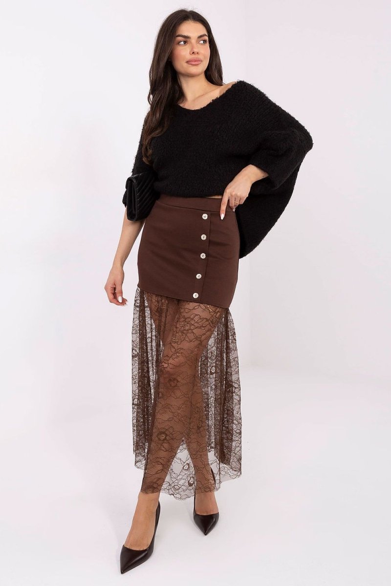 Brown Lace Insert Midi Skirt - 