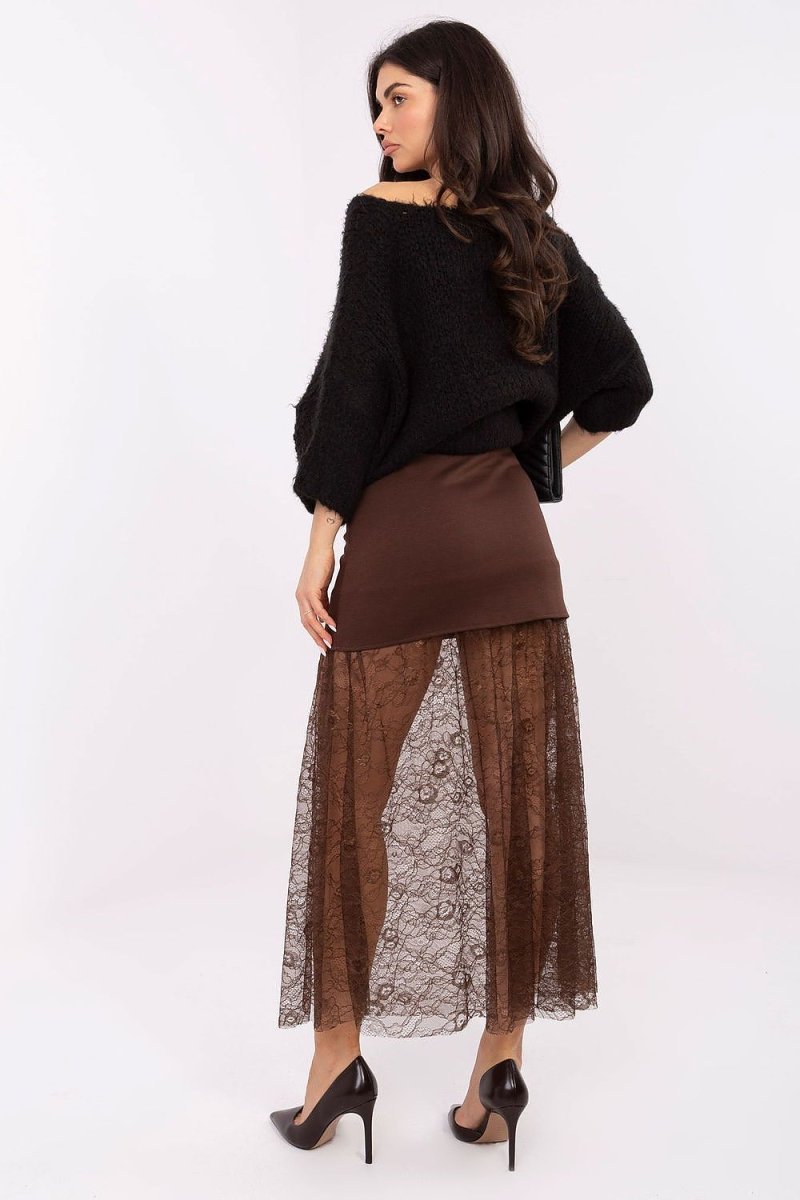 Brown Lace Insert Midi Skirt - 