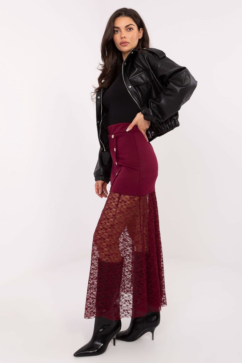 Brown Lace Insert Midi Skirt - 